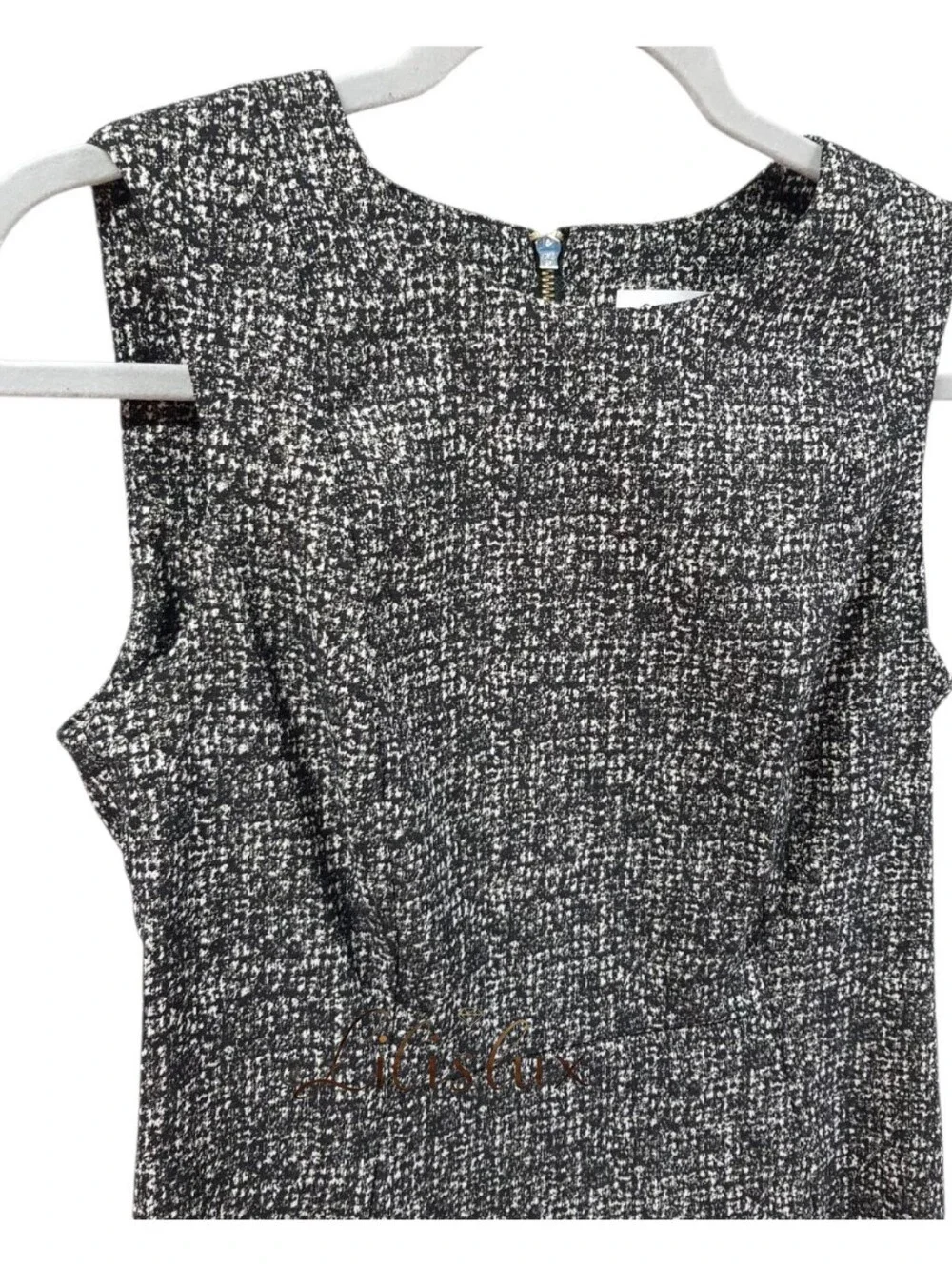 Calvin Klein Black White And Gold Tweed Sheath Dress Knee Length Size 14 GUC